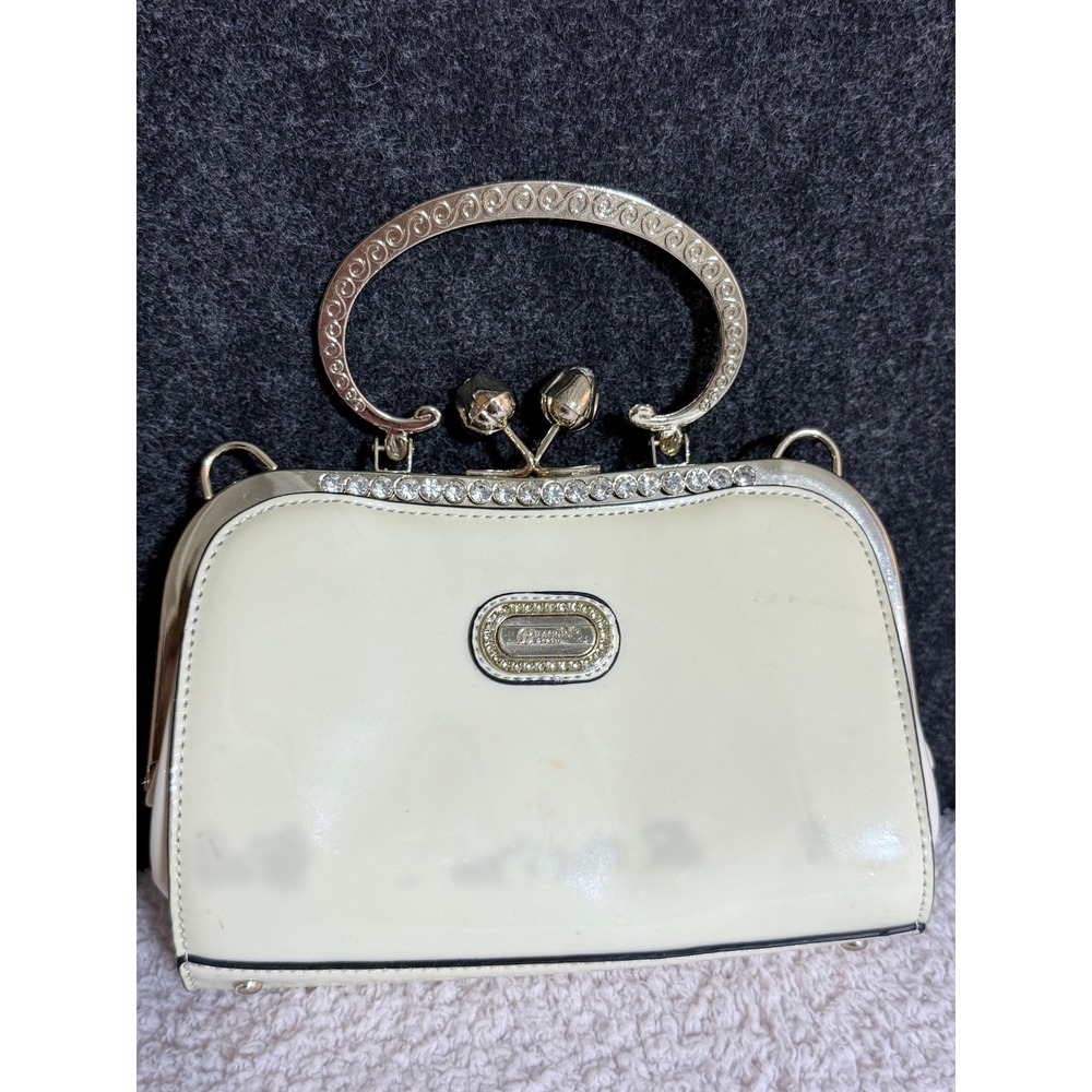 Brandio Italy Y2K Cream Rhinestone Kiss Lock Frame Handbag Purse w/ Strap